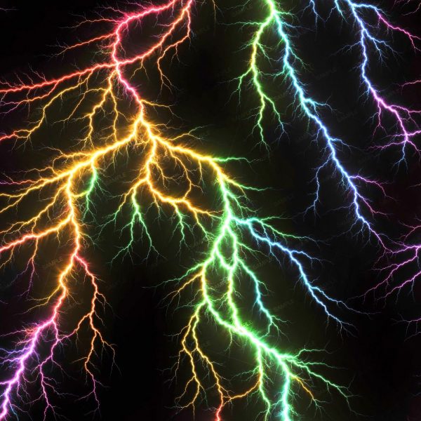 Multicolored Lightning 22 features multiple jagged, multicolored lightning bolts branching across a black background.
