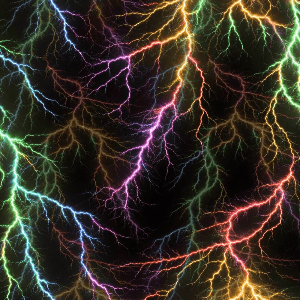 A repeating pattern of Multicolored Lightning 23 bolts in various colors against a black background.