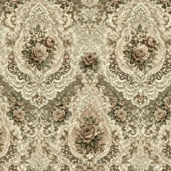 Tropical Plant Foliage 44 (Copy) wallpaper pattern featuring bouquets of roses inside ornate, lace-like damask frames.