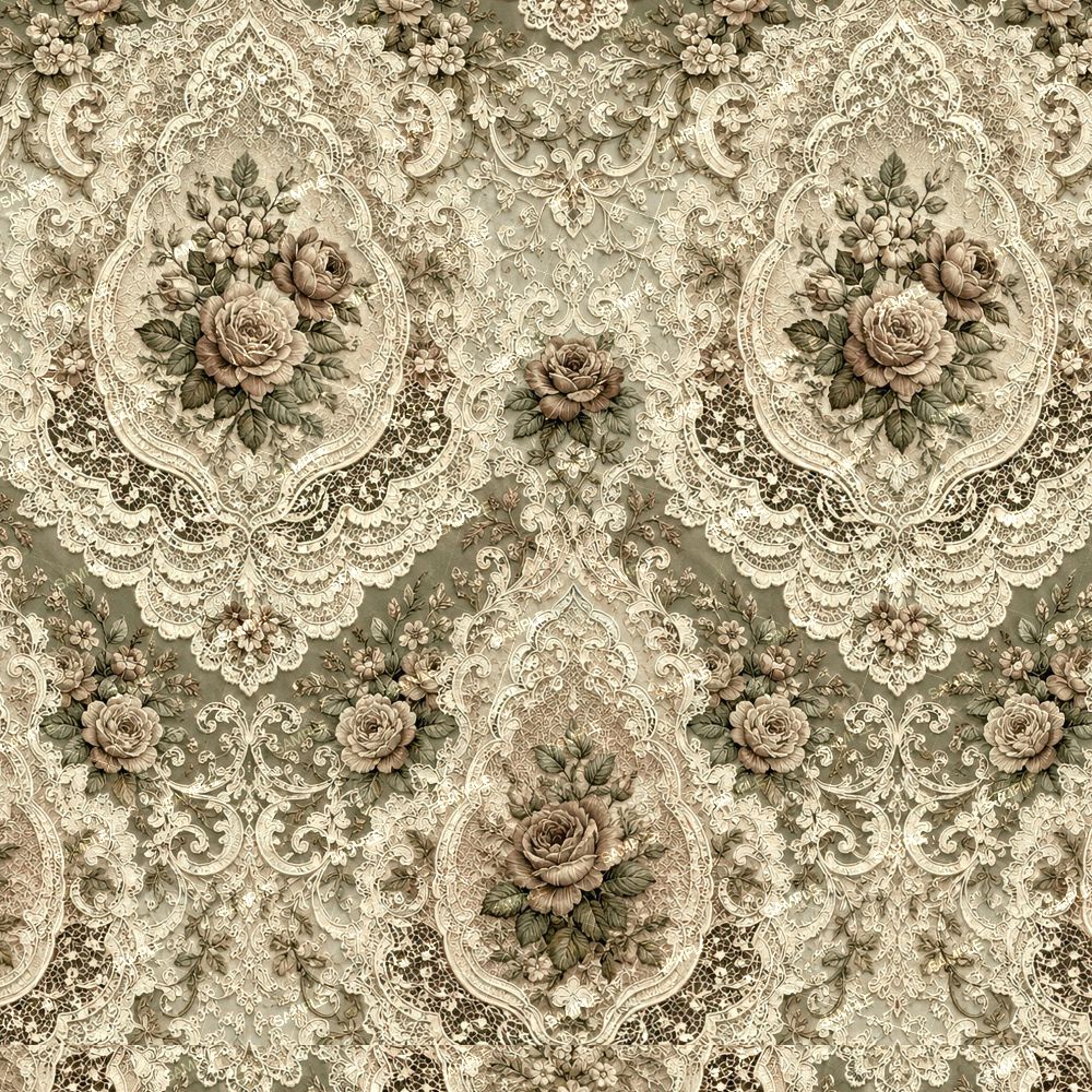 Tropical Plant Foliage 44 (Copy) wallpaper pattern featuring bouquets of roses inside ornate, lace-like damask frames.