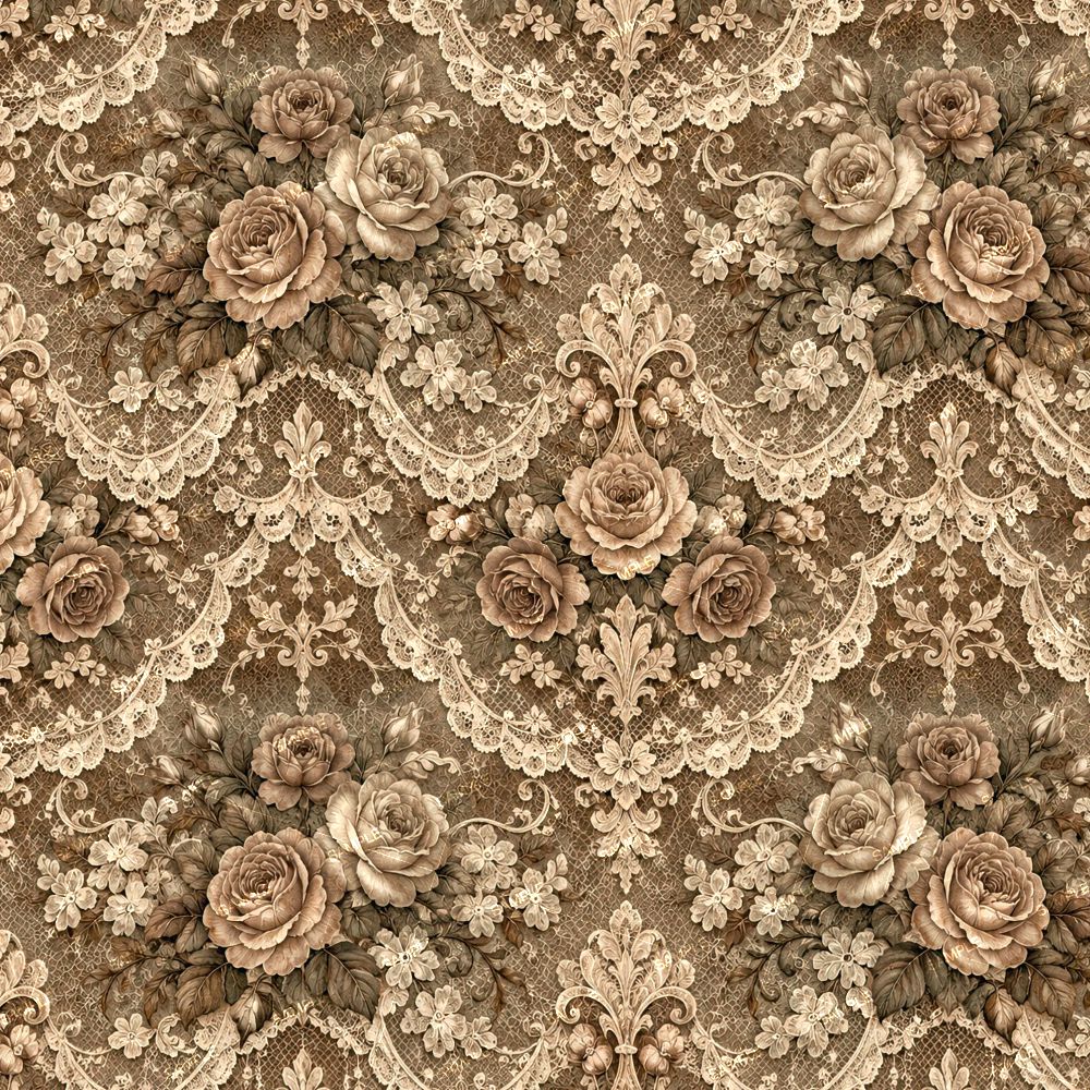 Victorian Lace Wallpaper 45 (Copy) features clusters of roses and small flowers overlaid with intricate cream-colored lace on a brown background.