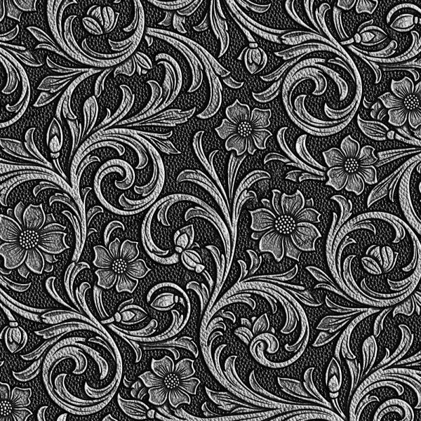 Tooled Leather 66 (Copy) in black leather embossed with an intricate pattern of silver-toned swirling vines and flowers.