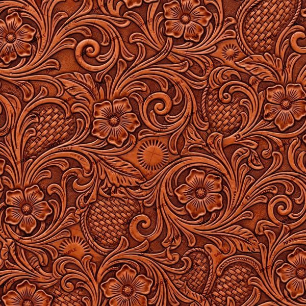 Tooled Leather 76 (Copy) in brown leather embossed with a repeating pattern of flowers, scrolling vines, and textured basket-weave sections.