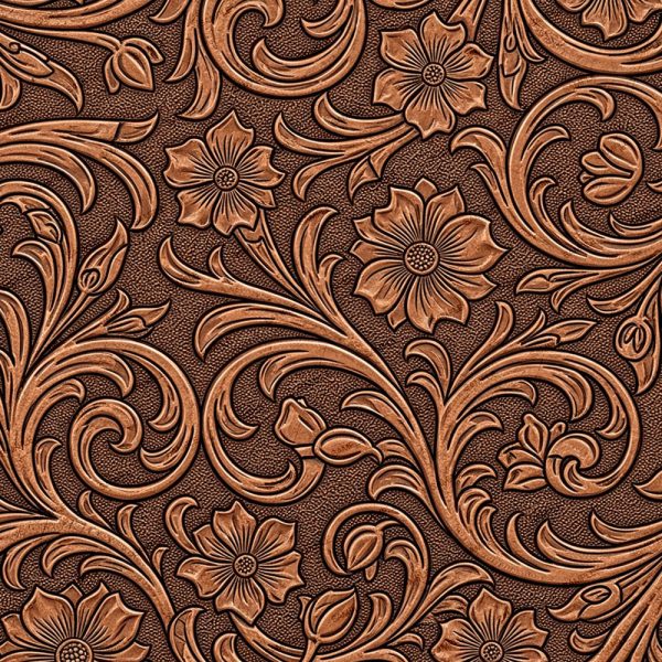 Tooled Leather 77, brown leather embossed with a repeating pattern of scrolling vines and flowers.