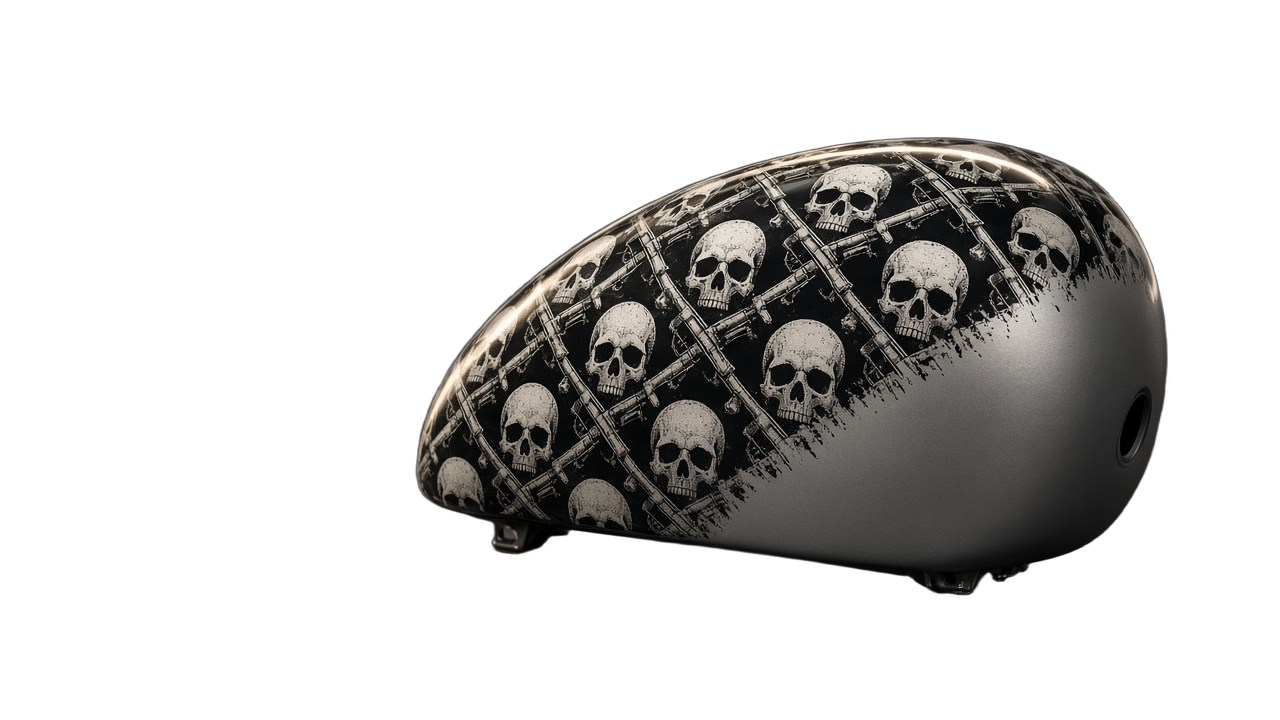 Motorcycle fuel tank hydro-dipped in a skull-and-pistols seamless pattern